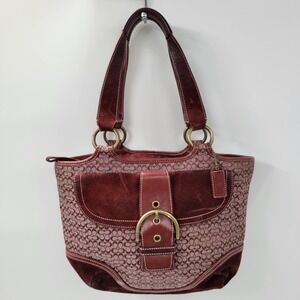 VTG Coach Signature Monogram Soho Shoulder Bag Red Suede Canvas Mini Cs Buckle